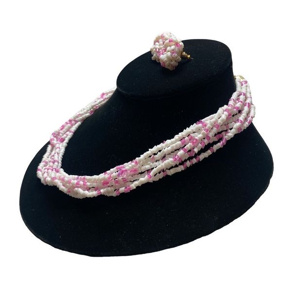 Vintage Pink and White Bohemian Glass MultiStrand Necklace Set NWT - Picture 11 of 15